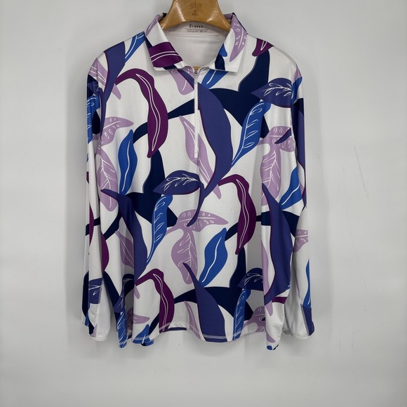 Lopez Tops - Lopez Pullover Top Womens 2X Purple Blue Leaf Print Long Sleeve Stretch Golf